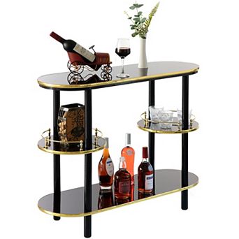 Modern Display Wooden Console Bar with Tiered Open Shelves, Mini Bar with Wine Storage