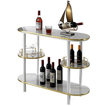 Modern Display Wooden Console Bar with Tiered Open Shelves, Mini Bar with Wine Storage