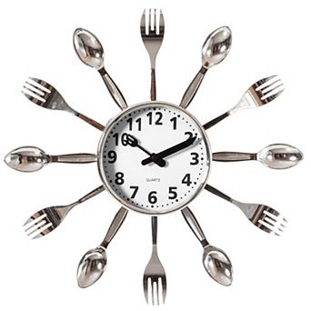Decorative 3D Cutlery Utensil Spoon and Fork Wall Clock for Kitchen, Playroom or Bedroom