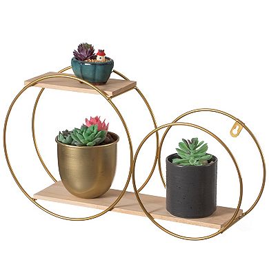 Tiered Accent Floating Shelf Circle Wall Mounted Shelf with Metal Frame and Pine Wood Shelves