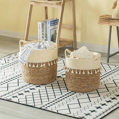 Decorative Round Storage Basket Set of 2 with Woven Handles for the Playroom, Bedroom, and Living Room