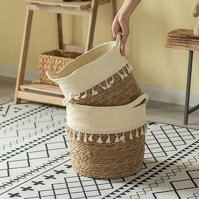 Decorative Round Storage Basket Set of 2 with Woven Handles for the Playroom, Bedroom, and Living Room