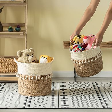 Decorative Round Storage Basket Set of 2 with Woven Handles for the Playroom, Bedroom, and Living Room