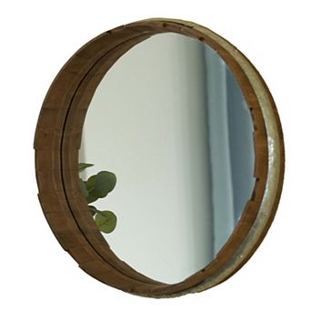 Rustic Wood and Galvanized Metal Framed Wine Barrel Shaped Wall Mirror