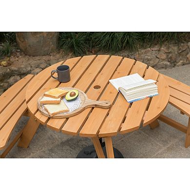 Wooden Outdoor Round Picnic Table with Bench for Patio, 6- Person and Umbrella Hole