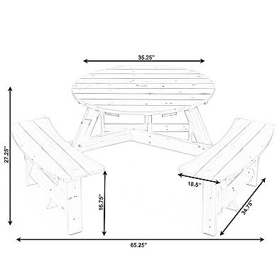 Wooden Outdoor Round Picnic Table with Bench for Patio, 6- Person and Umbrella Hole