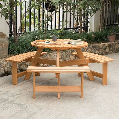 Wooden Outdoor Round Picnic Table with Bench for Patio, 6- Person and Umbrella Hole