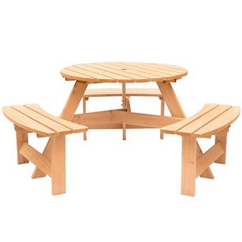 Wooden Outdoor Round Picnic Table with Bench for Patio, 6- Person and Umbrella Hole