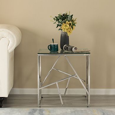 Modern Square End Side Table, Tempered Glass Top Metal Coffee Table