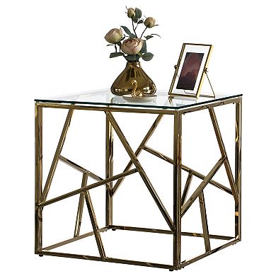 Modern Square End Side Table, Tempered Glass Top Metal Coffee Table