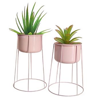 Beautiful Set of 2 Decorative Contemporary Pink Metal Flower Planter Holders with Stand