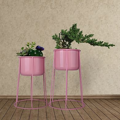 Beautiful Set of 2 Decorative Contemporary Pink Metal Flower Planter Holders with Stand