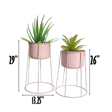 Beautiful Set of 2 Decorative Contemporary Pink Metal Flower Planter Holders with Stand