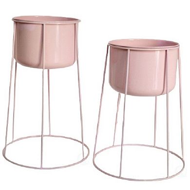 Beautiful Set of 2 Decorative Contemporary Pink Metal Flower Planter Holders with Stand