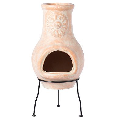 Outdoor Clay Chiminea Outdoor Fireplace Sun Design Burning Fire Pit with Sturdy Metal Stand