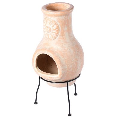 Beige Outdoor Clay Chimney Outdoor Fireplace Sun Design Charcoal Burning Fire Pit with Sturdy Metal Stand, Barbecue, Cocktail Party, Family Gathering, Cozy Nights Fire Pit