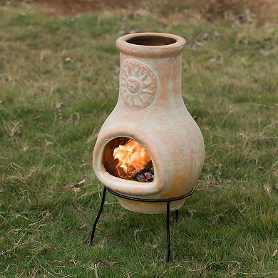 Beige Outdoor Clay Chimney Outdoor Fireplace Sun Design Charcoal Burning Fire Pit with Sturdy Metal Stand, Barbecue, Cocktail Party, Family Gathering, Cozy Nights Fire Pit