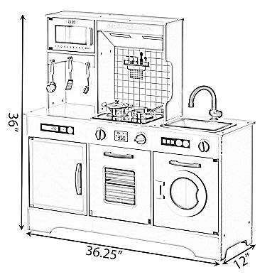 Wooden Play Kitchen Toy, Light on Microwave, Cabinet, Washer, Sound Electronic Stove