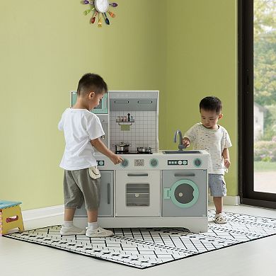 Wooden Play Kitchen Toy, Light on Microwave, Cabinet, Washer, Sound Electronic Stove