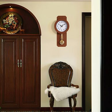 Traditional Round Wood- Looking Pendulum Plastic Wall Clock