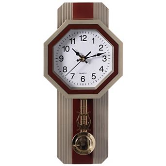Traditional Round Wood- Looking Pendulum Plastic Wall Clock