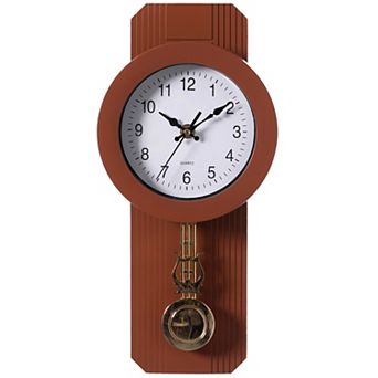 Traditional Round Wood- Looking Pendulum Plastic Wall Clock