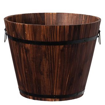 Rustic Wooden Whiskey Barrel Planter with Durable Medal Handles and Drainage Hole