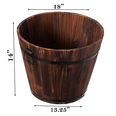 Rustic Wooden Whiskey Barrel Planter with Durable Medal Handles and Drainage Hole