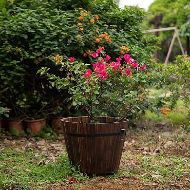 Rustic Wooden Whiskey Barrel Planter with Durable Medal Handles and Drainage Hole