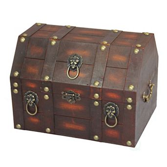 Antique Wooden Pirate Treasure Chest with Lion Rings and Lockable Latch