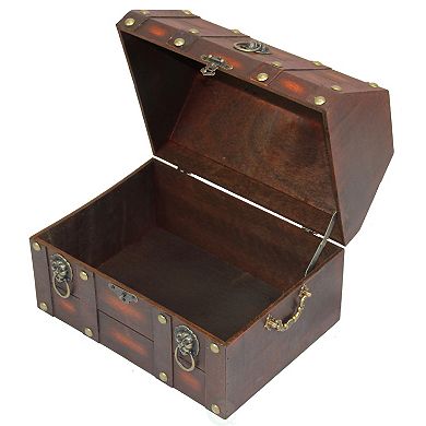 Antique Wooden Pirate Treasure Chest with Lion Rings and Lockable Latch