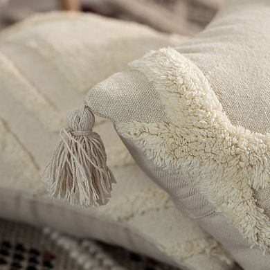 16" Handwoven Cotton Throw Pillow Cover with White Tufted Large Lattice Pattern and Tassel Corners, White