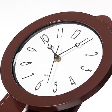 Modern Grandfather Brown Oval Pendulum Wood-Looking Plastic Wall Clock for Living Room, Kitchen, or Dining Room