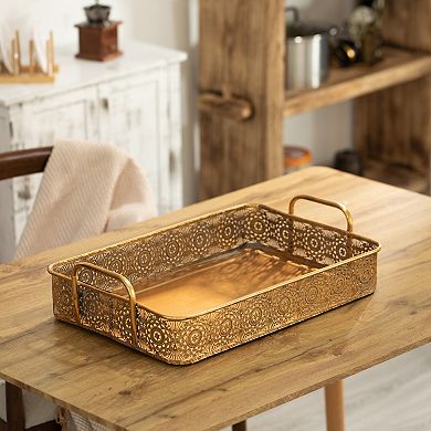 Metal Gold Rectangular Serving Tray with Oval Design and Handles, Large