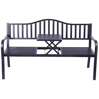 Outdoor Powder Coated Steel Park Bench, Garden Bench with Pop Up Middle Table