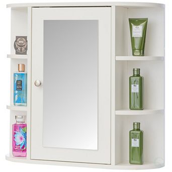 Wall Mounted Bathroom Storage Cabinet Organizer, Mirrored Vanity Chest with Open Shelves
