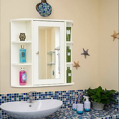 Wall Mounted Bathroom Storage Cabinet Organizer, Mirrored Vanity Chest with Open Shelves