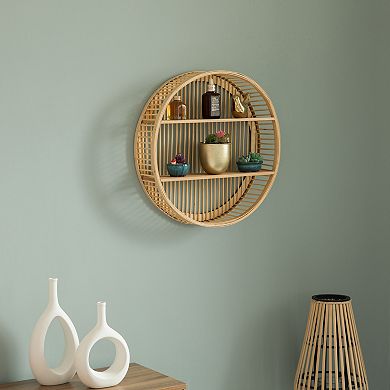 Decorative Rattan Round Display Shelf With 2 Shelves for The Dining Room, Living Room, or Office.