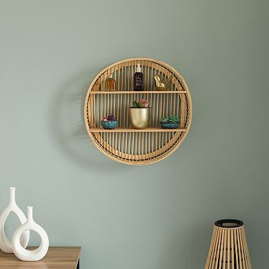Decorative Rattan Round Display Shelf With 2 Shelves for The Dining Room, Living Room, or Office.