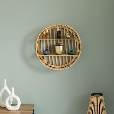 Decorative Rattan Round Display Shelf With 2 Shelves for The Dining Room, Living Room, or Office.