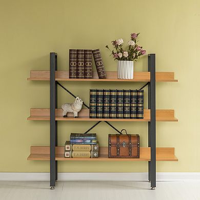 Industrial 3 Shelf Wood and Metal Etagere Rustic Bookcase Free Standing Bookshelf