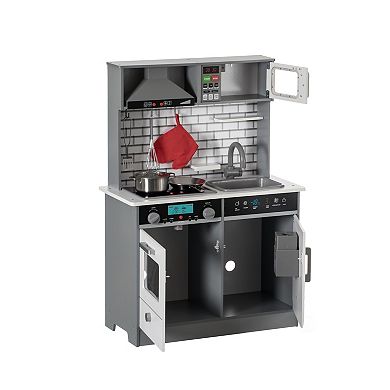 Wooden Play Kitchen Toy, Light on Microwave, Cabinet, Sound Electronic Stove