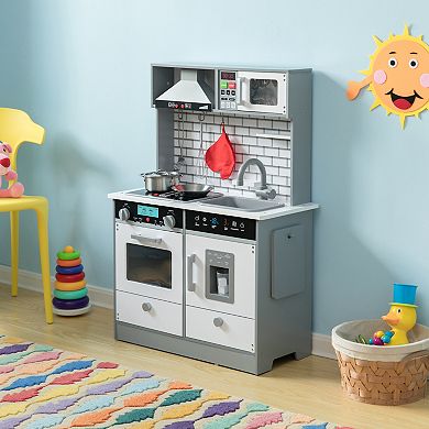 Wooden Play Kitchen Toy, Light on Microwave, Cabinet, Sound Electronic Stove