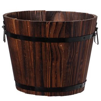 Rustic Wooden Whiskey Barrel Planter with Durable Medal Handles and Drainage Hole
