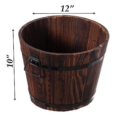 Rustic Wooden Whiskey Barrel Planter with Durable Medal Handles and Drainage Hole