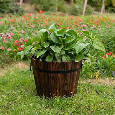 Rustic Wooden Whiskey Barrel Planter with Durable Medal Handles and Drainage Hole