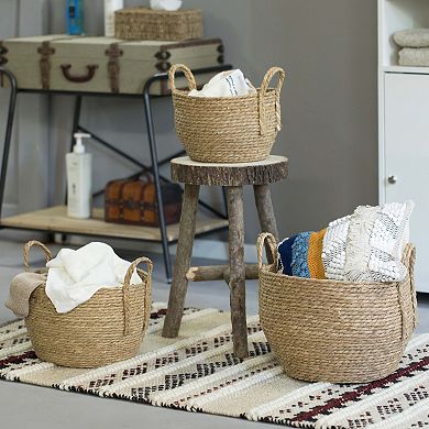 Decorative Round Wicker Woven Rope Storage Blanket Basket with Braided Handles