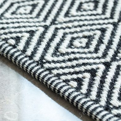Handwoven Black and White Diamond Wool Flatweave Kilim Rug