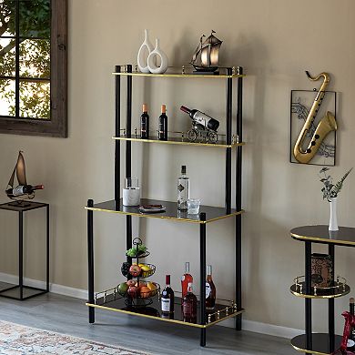 Classy and Elegant 4 Tiered Multifunctional Wooden Open Bar Shelves, Modern Console Table
