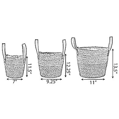 Decorative Brown Corn Rope-Straw Round Storage Basket Set of 3 with Rope Handles